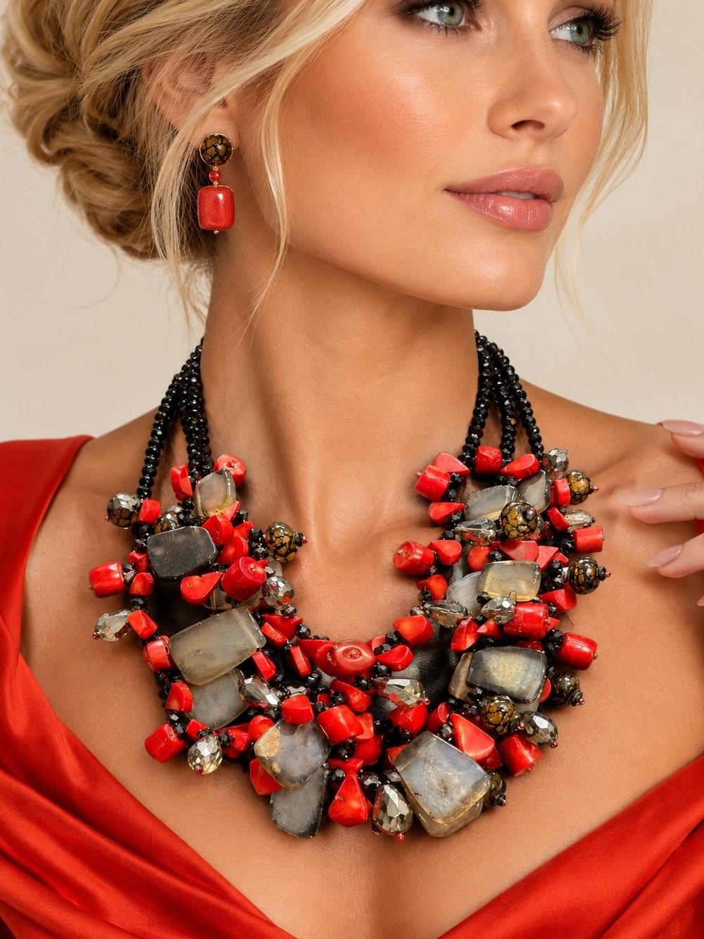 Statement Red Coral & Gemstone Bib Necklace Black Beaded Multi-Strand | Artisan